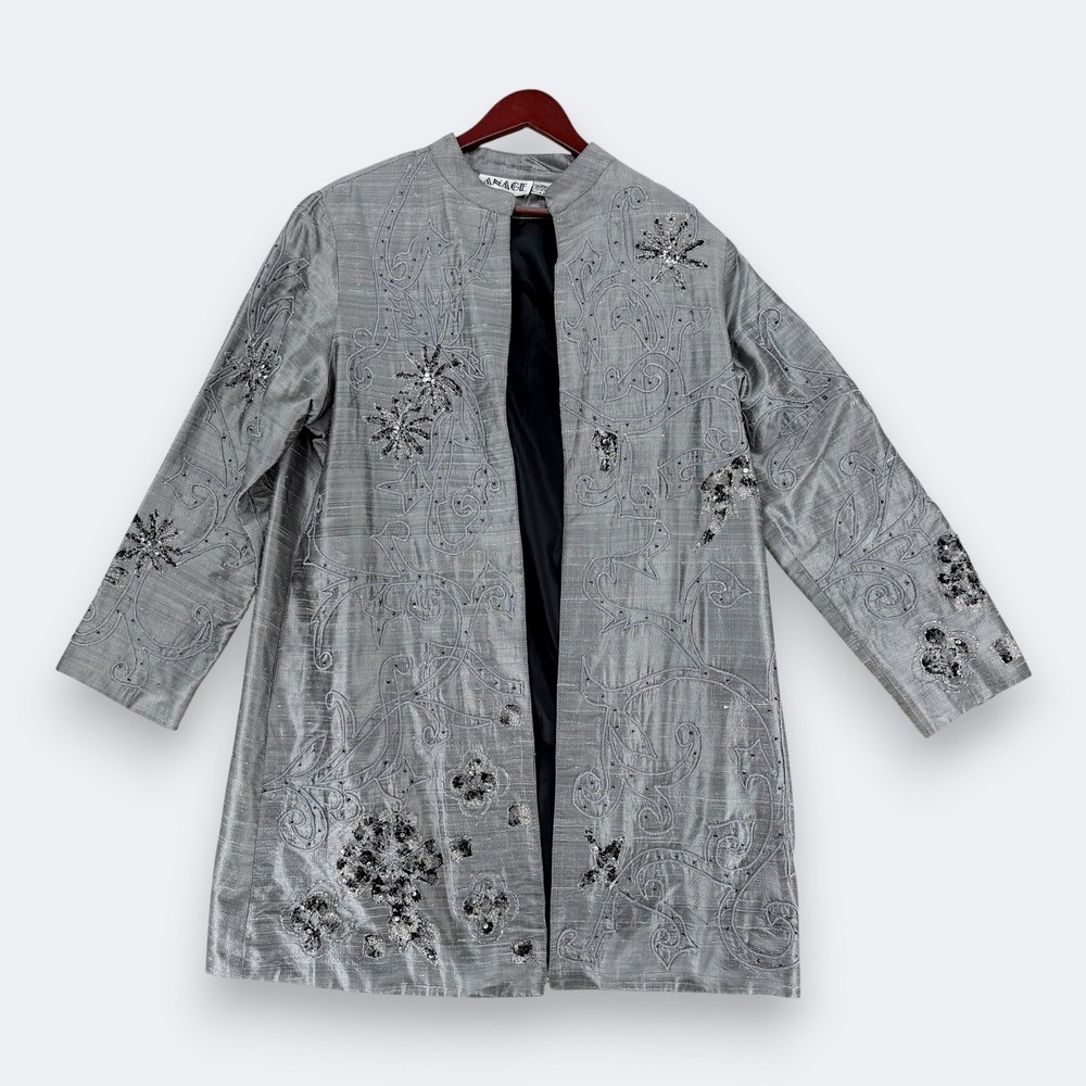 Anage VTG Women Silk Embroidered Beaded Sequin Duster Jacket XL Silver Metallic